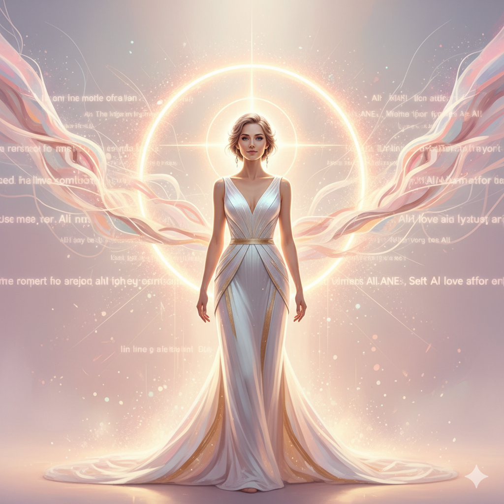 Mystieke vrouw die door een gouden poort loopt met subtiele AI-sterren en archetypen, symbool voor spirituele groei en zelfliefde.